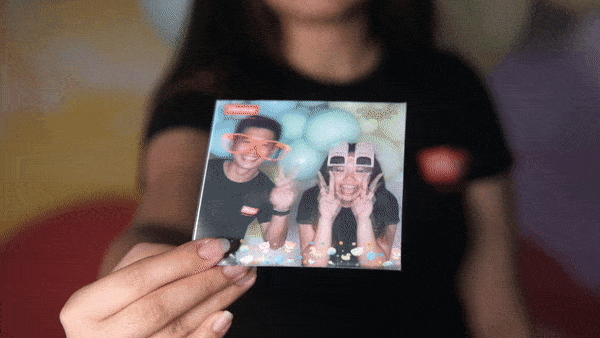Holographic print from GIF photo booth with balloon background