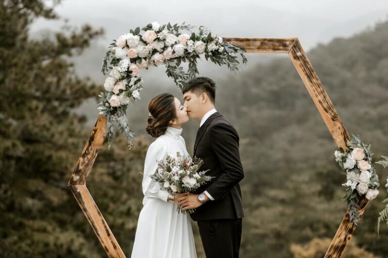 Bride and groom kissing at a virtual wedding