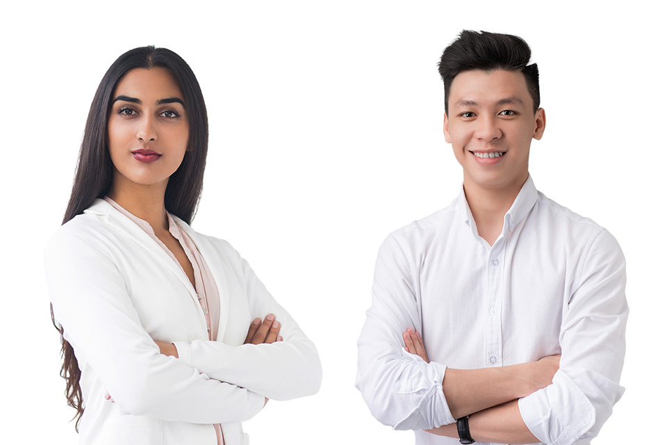 Man and woman posing for corporate headshot at instant headshot station